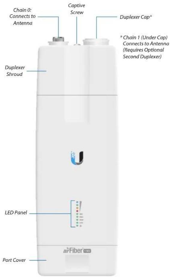 Chain 0: Connects to Antenna Captive Screw Duplexer Cap* * Chain 1 (Under Cap) Connects to Antenna (Requires Optional Second Duplexer) Duplexer Shroud LED Panel Port Cover airFiber