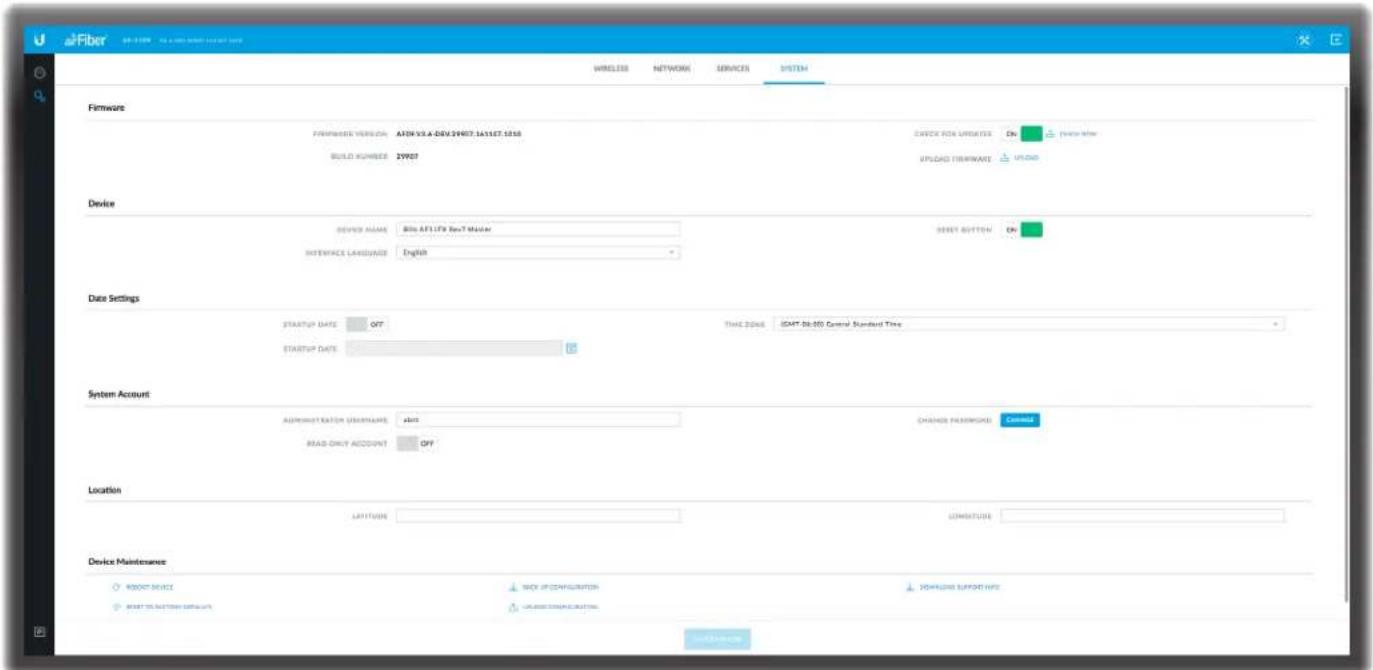 Fiber WIRELESS NETWORK SERVICES SYSTEM Firmware Firmware Version: A10X/3.4-0DX 24007.1615E7.1818 BUILD NUMBER: 29007 CHECK BOX Updates Do UPDATE UPDATE FIRMWARE Device Device Name: Blin AFTL/Fx BoxT Master INTERFACE LANGUAGE English RESET BUTTON On Date Settings STARTUP DATE OFF TIME ZONE IDAT: 96:0…
