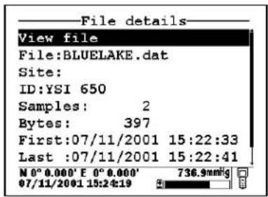 File details View file File:BLUELAKE.dat Site: ID:YSI 650 Samples: 2 Bytes: 397 First:07/11/2001 15:22:33 Last :07/11/2001 15:22:41 N° 0.000' E 0° 0.000' 07/11/2001 15:24:19 736.9mmHg