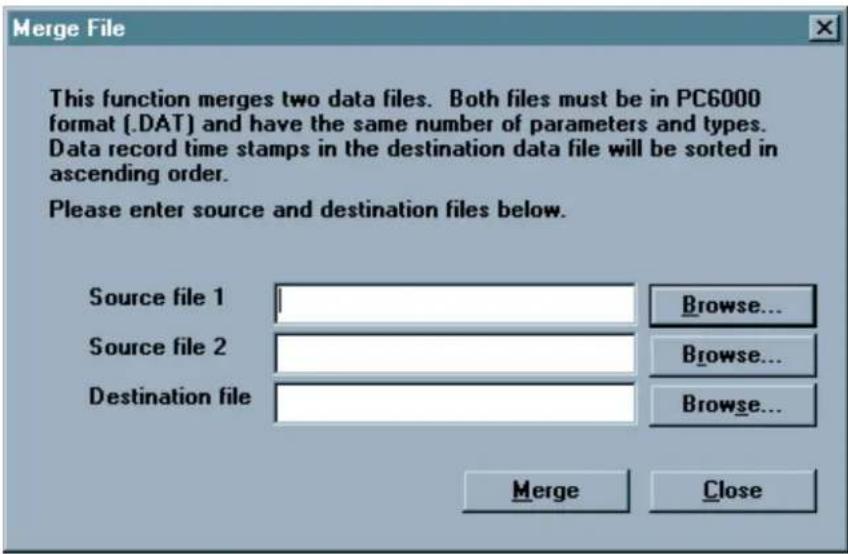 Merge File This function merges two data files. Both files must be in PC6000 format (.DAT) and have the same number of parameters and types. Data record time stamps in the destination data file will be sorted in ascending order. Please enter source and destination files below. Source file 1 Browse... Source file 2 Browse... Destination file Browse... Merge Close