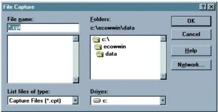 File Capture File name: *.cpt Folders: c:\ecowwin\data c:\ ecowwin data List files of type: Capture Files (*.cpt) Drives: c: