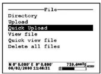 File Directory Upload Quick Upload View file Quick view file Delete all files N 0° 0.000' E 0° 0.000' 06/02/2000 11:46:31 739.4mmHg