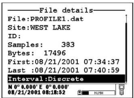 File details File:PROFILE1.dat Site:WEST LAKE ID: Samples: 383 Bytes: 17496 First:08/21/2001 07:34:37 Last :08/21/2001 07:40:59 Interval:Discrete N 0° 0.000' E 0° 0.000' 08/21/2001 08:18:52