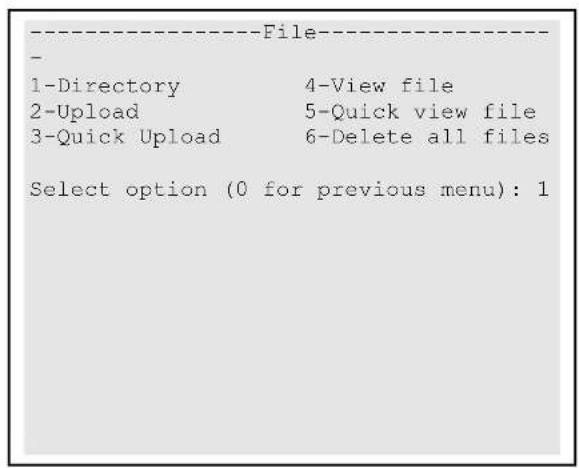 ----File---- 1-Directory 4-View file 2-Upload 5-Quick view file 3-Quick Upload 6-Delete all files Select option (0 for previous menu): 1