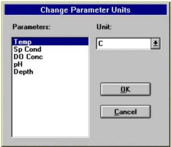 Change Parameter Units Parameters: Temp Sp Cond DO Conc pH Depth Unit: C OK Cancel