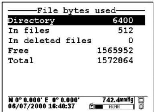 File bytes used Directory 6400 In files 512 In deleted files 0 Free 1565952 Total 1572864 N 0° 0.000' E 0° 0.000' 742.4mmHg 06/07/2000 16:40:37 NINH