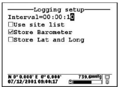 Logging setup Interval=00:00:10 □Use site list ✓Store Barometer □Store Lat and Long N 0° 0.000' E 0° 0.000' 07/12/2001 09:00:17 739.6mmHg