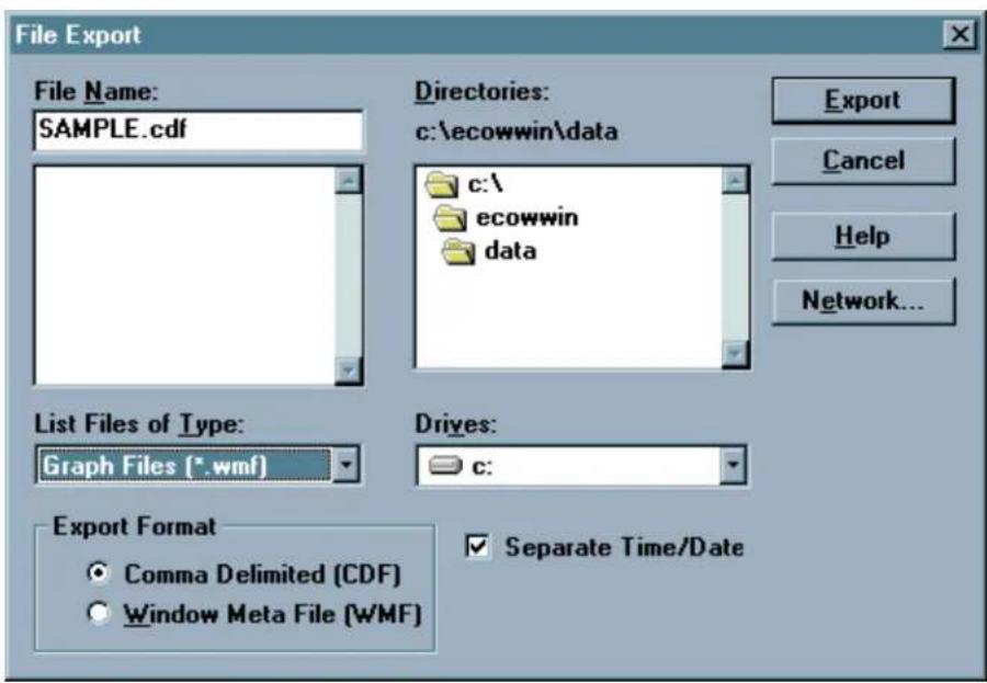 File Export File Name: SAMPLE.cdf Directories: c:\ecowwin\data c:\ ecowwin data List Files of Type: Graph Files (*.wmf) Drives: c: Export Format Comma Delimited (CDF) Window Meta File (WMF) Separate Time/Date Export Cancel Help Network...