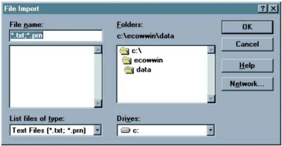File Import File name: *.txt;*.prn Folders: c:\ecowwin\data c:\ ecowwin data List files of type: Text Files (*.txt; *.prn) Drives: c: