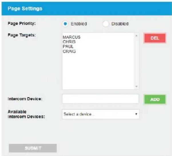 Page Settings Page Priority: Enabled Disabled Page Targets: MARCUS CHRIS PAUL CRAIG DEL Intercom Device: ADD Available Intercom Devices: Select a device SUBMIT