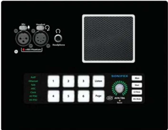 Mic +48V Phantom Headset Headphone AndP Directset Talk ADC Clock AC PSU DC PSU 1 2 3 Listen 4 5 6 Page SONIFEX Main User Li Mode Mix Mode AVN-TB6 Reset