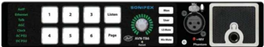 AntP Ethernet Talk AGC Clock AC PSU DC PSU 1 2 3 Listen 4 5 6 Page SONIFEX Mon User LS Mode Mix Mode AVN-TB6 Reset Mic +48V Phantom