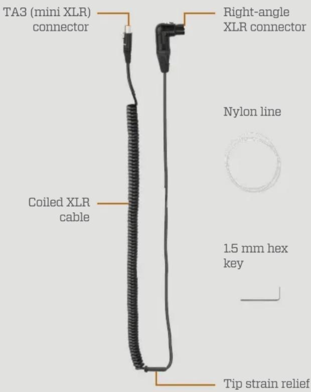 TA3 (mini XLR) connector Coiled XLR cable Right-angle XLR connector Nylon line 1.5 mm hex key Tip strain relief