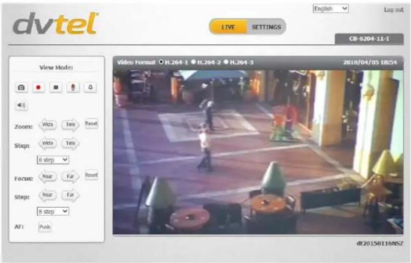 dvtel English Log out LIVE SETTINGS CB-0204-11-1 View Mode: Video Format H:204-1 H:204-2 H:204-3 2010/04/03 18:24 Zoom: Wide Tele Reset Step: Wide Tele 8 step Focus: Near Far Reset Step: Near Far 8 step AF: Push dc201S0116NSZ
