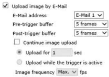 Upload image by E-Mail E-Mail address E-Mail 1 Pre-trigger buffer 5 frames Post-trigger buffer 5 frames Continue image upload Upload for 1 sec Upload while the trigger is active Image frequency Max. fps