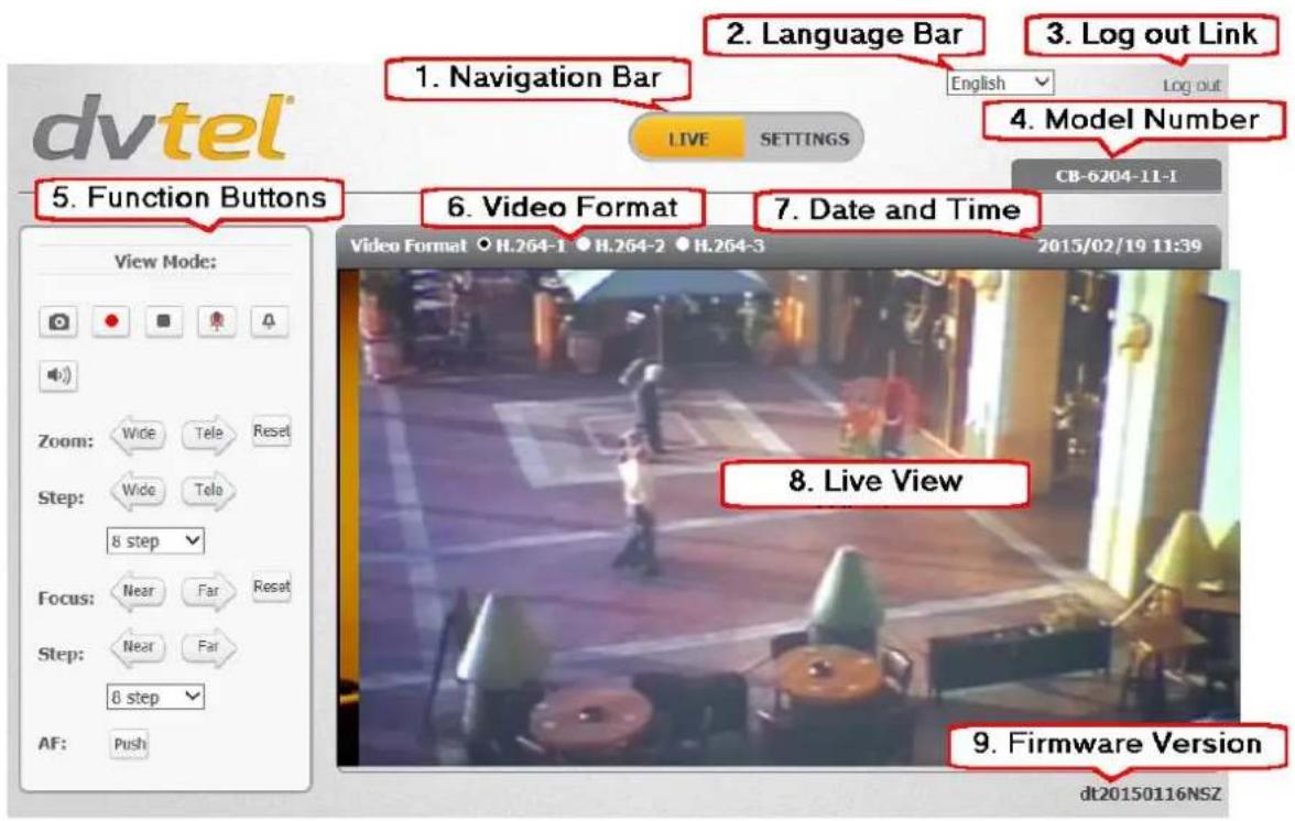 dvtel 1. Navigation Bar 2. Language Bar 3. Log out Link English Log out LIVE SETTINGS 4. Model Number CB-6204-11-1 5. Function Buttons 6. Video Format 7. Date and Time Video Format H.264-1 H.264-2 H.264-3 2015/02/19 11:39 Zoom: Wide Tele Reset Step: Wide Tele 8 step Focus: Near Far Reset Step: Near Far 8 step AF: Push 8. Live View 9. Firmware Version dt20150116NSZ