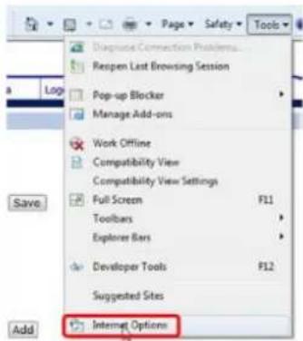 Diagnose Connection Problems Resopen Last Browsing Session Pop-up Blocker Manage Add-ons Work Offline Compatibility View Compatibility View Settings Full Screen F11 Toolbars Explorer Bars Developer Tools F12 Suggested Sites Internet Options Add