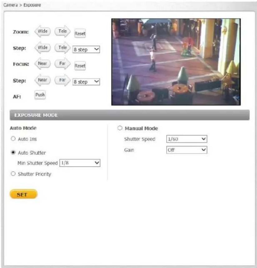 Camera > Exposure Zoom: Wide Tele Reset Step: Wide Tele 8 step Focus: Near Far Reset Step: Near Far 8 step AF: Push EXPOSURE MODE Auto Mode Auto Ins Auto Shutter Min Shutter Speed 1/8 Shutter Priority SET Manual Mode Shutter Speed 1/60 Gain Off