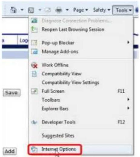 Diagnose Connection Problems... Reopen Last Browsing Session Pop-up Blocker Manage Add-ons Work Offline Compatibility View Compatibility View Settings Full Screen F11 Toolbars Explorer Bars Developer Tools F12 Suggested Sites Internet Options