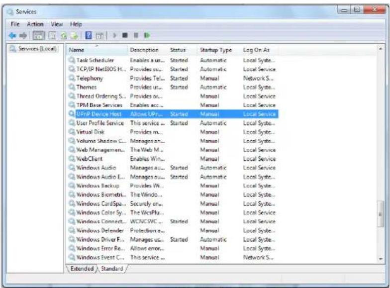 Services File Action View Help Services (Local) Name Description Status Startup Type Log On As Task Scheduler Enables us... Started Automatic Local System... TCP/IP NetBIOS H... Provides su... Started Automatic Local Service Telephony Provides Tel... Started Manual Network S... Themes Provides us... Started Automatic Local System... Thread Ordering S... Provides or... Manual Local Service TPM Base Services Enables acc... Manual Local Service UPnP Device Host Allows UPn... Started Manual Local Service User Profile Service This service ... Started Automatic Local System... Virtual Disk Provides m... Manual Local System... Volume Shadow C... Manages on... Manual Local System... Web Management... The Web M... Manual Local Service WebClient Enables Win... Manual Local Service Windows Audio Manages au... Started Automatic Local Service Windows Audio E... Manages ou... Started Automatic Local System... Windows Backup Provides Wk... Manual Local System... Windows Biometri... The Windo... Manual Local System... Windows CardSpa... Securely en... Manual Local System... Windows Color Sy... The WcStPlu... Manual Local Service Windows Connect... WCNC SVC ... Started Manual Local Service Windows Defender Protection e... Manual Local System... Windows Driver F... Manages us... Started Automatic Local System... Windows Error Re... Allows error... Manual Local System... Windows Event C... This service ... Manual Network S... Extended Standard /
