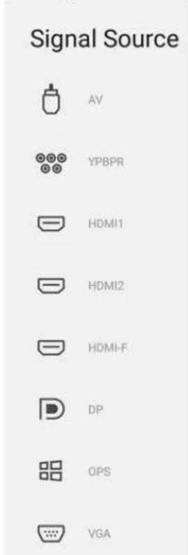 Signal Source AV YPBPR HDMI1 HDMI2 HDMI-F DP OPS VGA