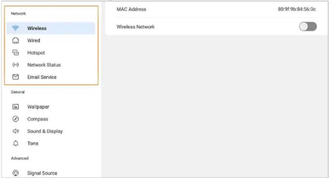 Network Wireless Wired Hotspot Network Status Email Service General Wallpaper Compass Sound & Display Tone Advanced Signal Source MAC Address 80:9f:9b:84:56:0c Wireless Network