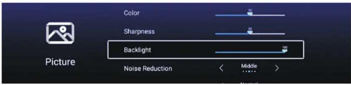 Picture Color Sharpness Backlight Noise Reduction < Middle >