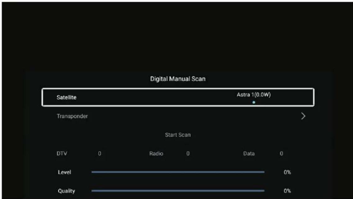 Digital Manual Scan Satellite Astra 1(0.0W) Transponder Start Scan DTV 0 Radio 0 Data 0 Level 0% Quality 0%