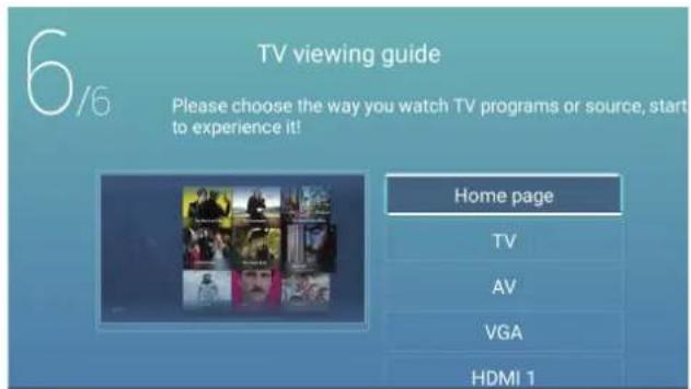 6/6 TV viewing guide Please choose the way you watch TV programs or source, start to experience it! Home page TV AV VGA HDMI 1