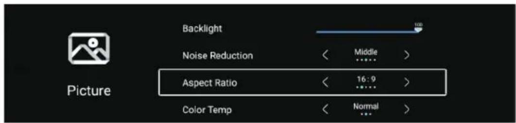 Backlight Noise Reduction Aspect Ratio Color Temp 100 Middle > 16:9 Normal >