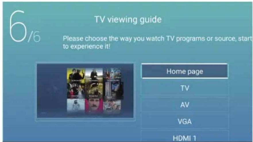 6/6 TV viewing guide Please choose the way you watch TV programs or source, start to experience it! Home page TV AV VGA HDMI 1
