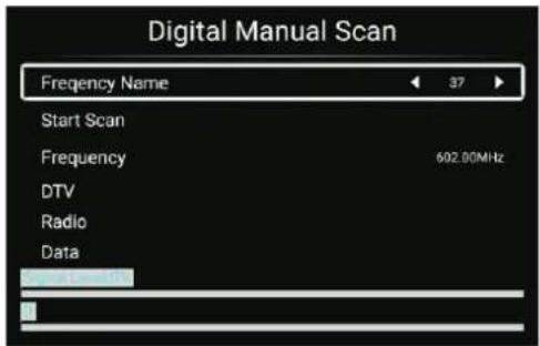Digital Manual Scan Frequency Name Start Scan Frequency 602.00MHz DTV Radio Data