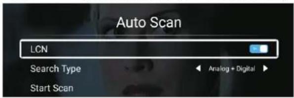 Auto Scan LCN Search Type Start Scan Analog + Digital