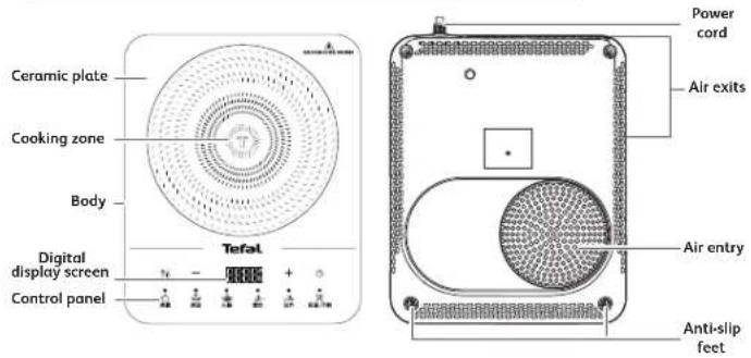 Ceramic plate Cooking zone Body Digital display screen Control panel Tefal Power cord Air exits Air entry Anti-slip feet