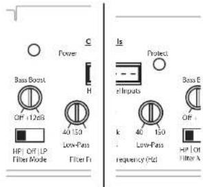 Power Bass Boost OFF + 12dB HIF OFF LP Filter Mode Low-Pass Filter Fi C H Is Protect e Inputs k 40 150 Low-Pass frequency (Hz) Boss E Off + HIP LOT Filter A