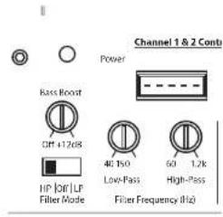 Channel 1 & 2 Cont Power Bass Boost OFF +1.2dB HIP [Off] LP Filter Mode 40 Hz Low-Pass 50 Hz High-Pass Filter Frequency (Hz)