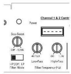 Channel 1 & 2 Contr Power Bass Boost Off - 1.2k HP | Off | LP Filter Mode 40 k Low-Pass 60 High-Pass Filter Frequency (Hz)