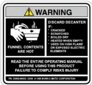 WARNING DISCARD DECANTER IF: • CRACKED • SCRATCHED • BOILED DRY • HEATED WHEN EMPTY • USED ON HIGH FLAME OR EXPOSED ELECTRIC ELEMENTS FUNNEL CONTENTS ARE HOT READ THE ENTIRE OPERATING MANUAL BEFORE USING THIS PRODUCT FAILURE TO COMPLY RISKS INJURY FN: 20458.00310 0203 6 1985 BARN-O-MARTIC CORPORATION