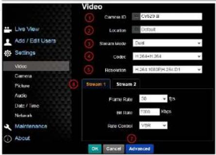 Live View Ads / Edit Users Settings Video Camera ID Cy929.8 Location Default Stream Mode Dead Code: H.364+H.364 Resplinton: H.364+H.080PH.25U.D1 Stream 1 Stream 2 Frame Rate: 50 fps Bit Rate: 700 kbps Rare Control: V/SR OK Cancel Advanced