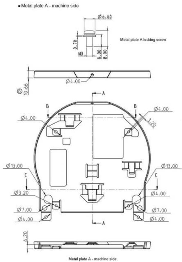 ■ Metal plate A - machine side Ø5.50 0.70 M3 8.00 8.00 Metal plate A locking screw Ø4.00 10.66 Ø4.00 A B B Ø4.00 3.20 Ø13.00 C C Ø3.20 Ø7.00 Ø4.00 A Ø13.00 Ø4.00 Ø7.00 Ø4.00 6.20 Metal plate A - machine side