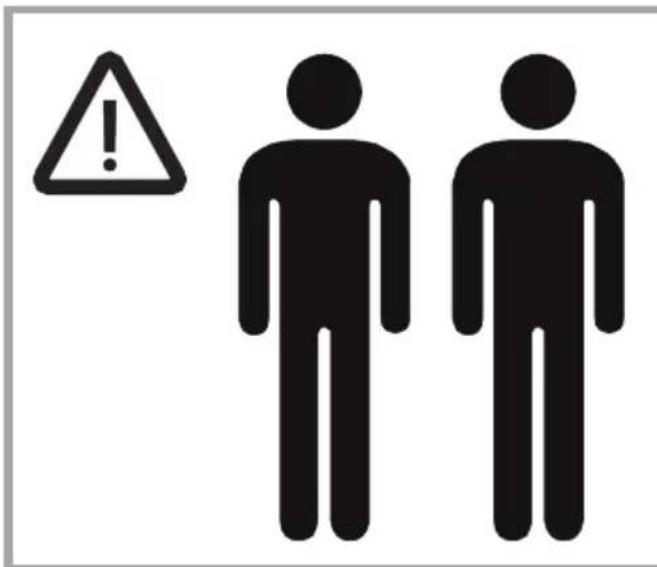 Warning symbol with exclamation mark and two human figures, commonly used to indicate personal or occupational hazard.