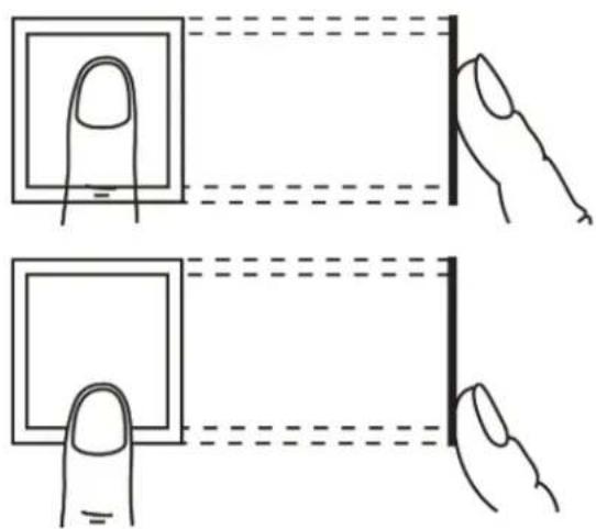 Diagram illustrating finger positioning and alignment of a rectangular object with dashed lines indicating measurement or alignment.