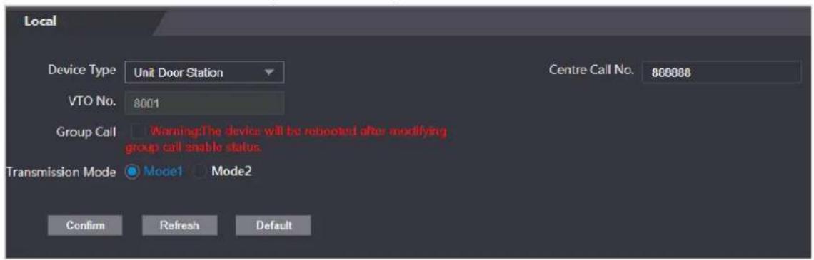 Local Device Type Unit Door Station VTO No. 8001 Group Call Warning:The device will be rebooted after modifying group call enable status. Transmission Mode Mode1 Mode2 Centre Call No. 868888 Confirm Refresh Default