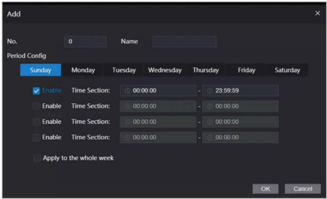 Add No. 0 Name Period Config Sunday Monday Tuesday Wednesday Thursday Friday Saturday Enable Time Section: 00:00:00 - 23:59:59 Enable Time Section: 00:00:00 - 00:00:00 Enable Time Section: 00:00:00 - 00:00:00 Enable Time Section: 00:00:00 - 00:00:00 Apply to the whole week OK Cancel