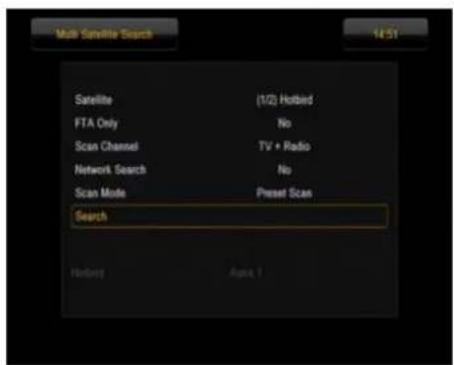 Multi-Surface Search 14:51 Satellite (1/2) Hotbird FTA Only No Scan Channel TV + Radio Network Search No Scan Mode Presset Scan Search Hotbird Auto 1