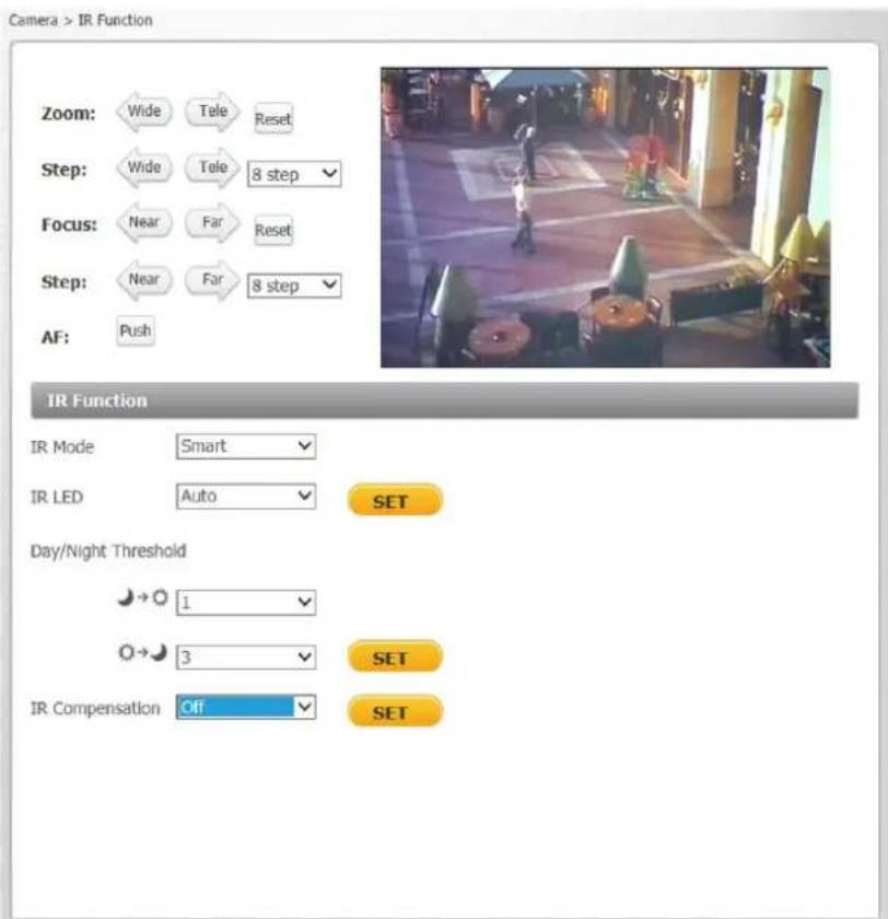 Camera > IR Function Zoom: Wide Tele Reset Step: Wide Tele 8 step Focus: Near Far Reset Step: Near Far 8 step AF: Push IR Function IR Mode Smart IR LED Auto SET Day/Night Threshold 1 3 SET IR Compensation Off SET