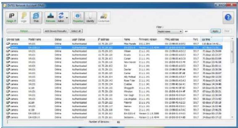 DTELE Network Assistant (DA) Design: IP Logic Web Hardware Admin Properties Identity Copyright Add Device Manager Select All Device type Model Name Status Login Status IP address Name Firmware version MYK address Port UP time Camera IC-101 Chrome Authenticated 10.70.29.127 Mire Hampes 2.5.1.141 00:1…