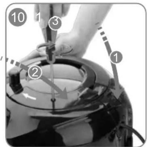 Diagram showing a hand using a tool to adjust or install a device, with numbered annotations indicating steps 1, 2, and 3.