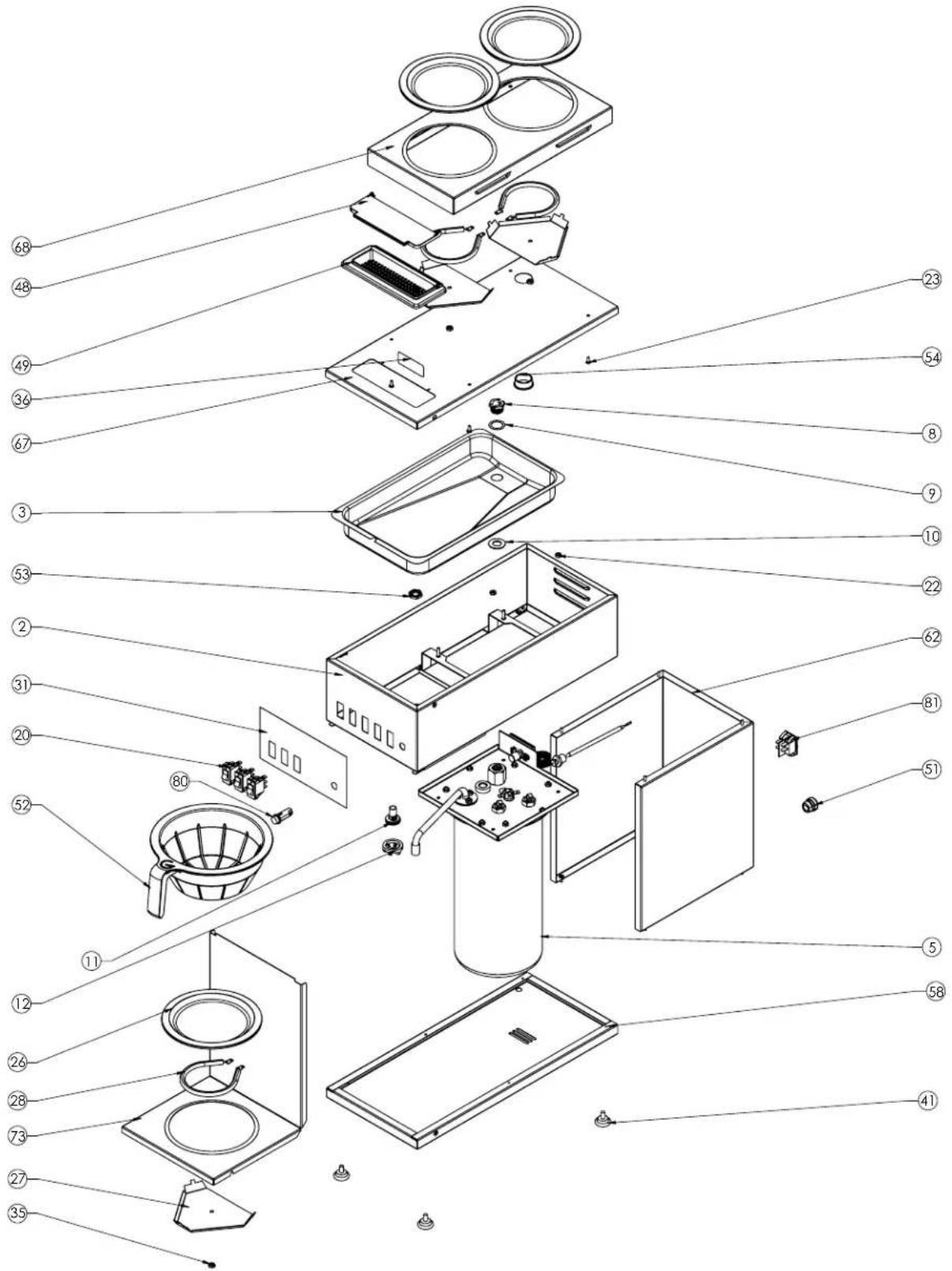 Exploded view diagram of a microwave oven with numbered components for identification
