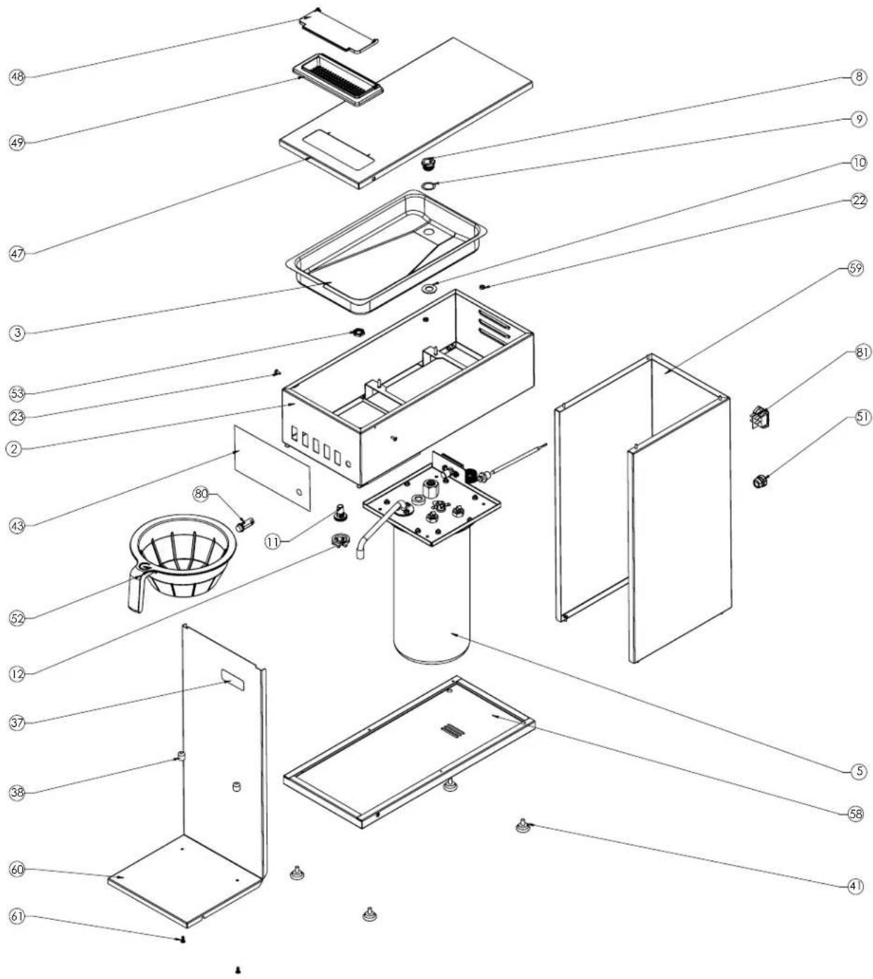 Exploded view diagram of a refrigerator with numbered parts for identification